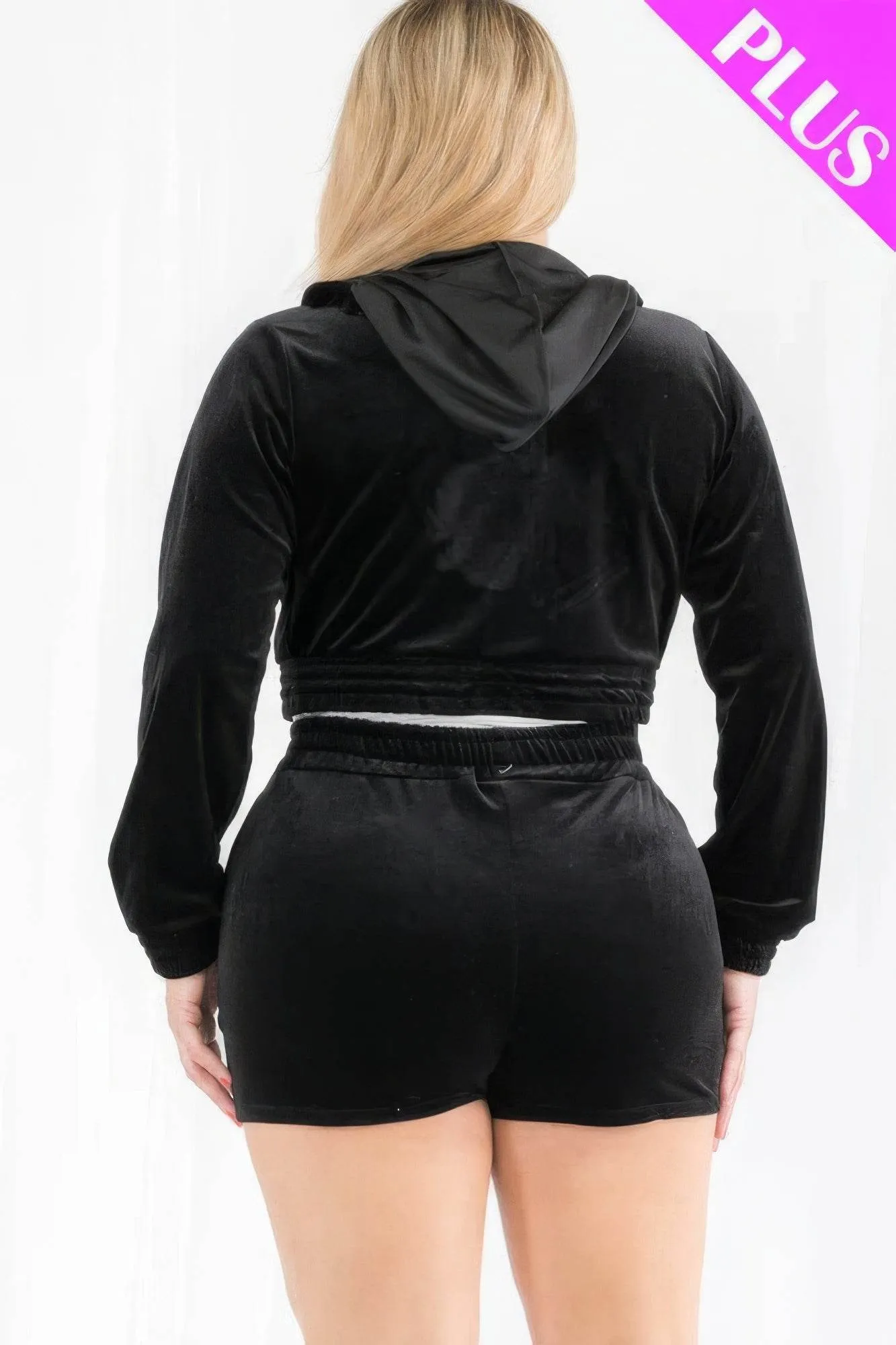 Plus Size Velour Crop Zip Up Hoodie and Shorts Set