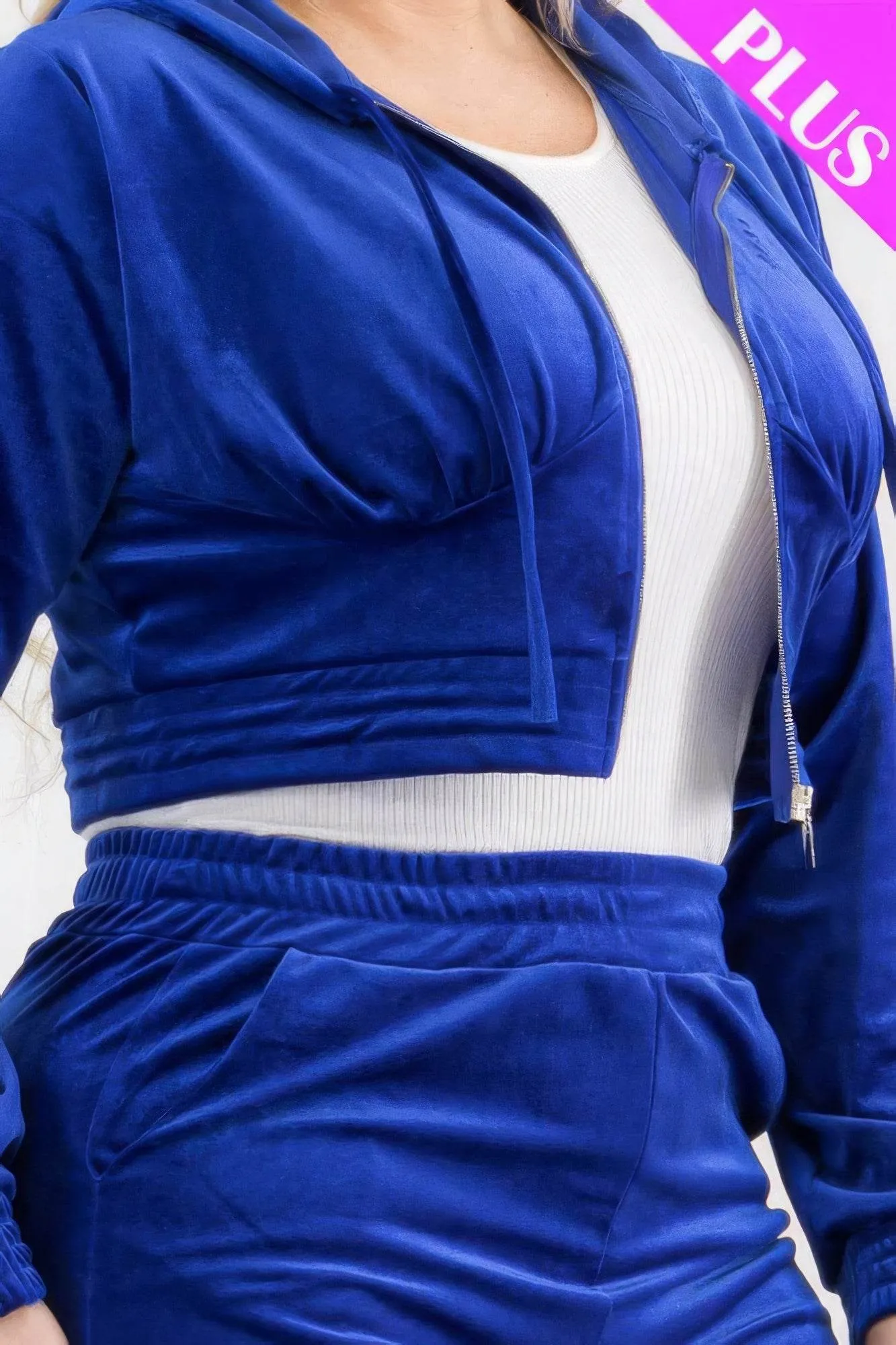 Plus Size Velour Crop Zip Up Hoodie and Shorts Set
