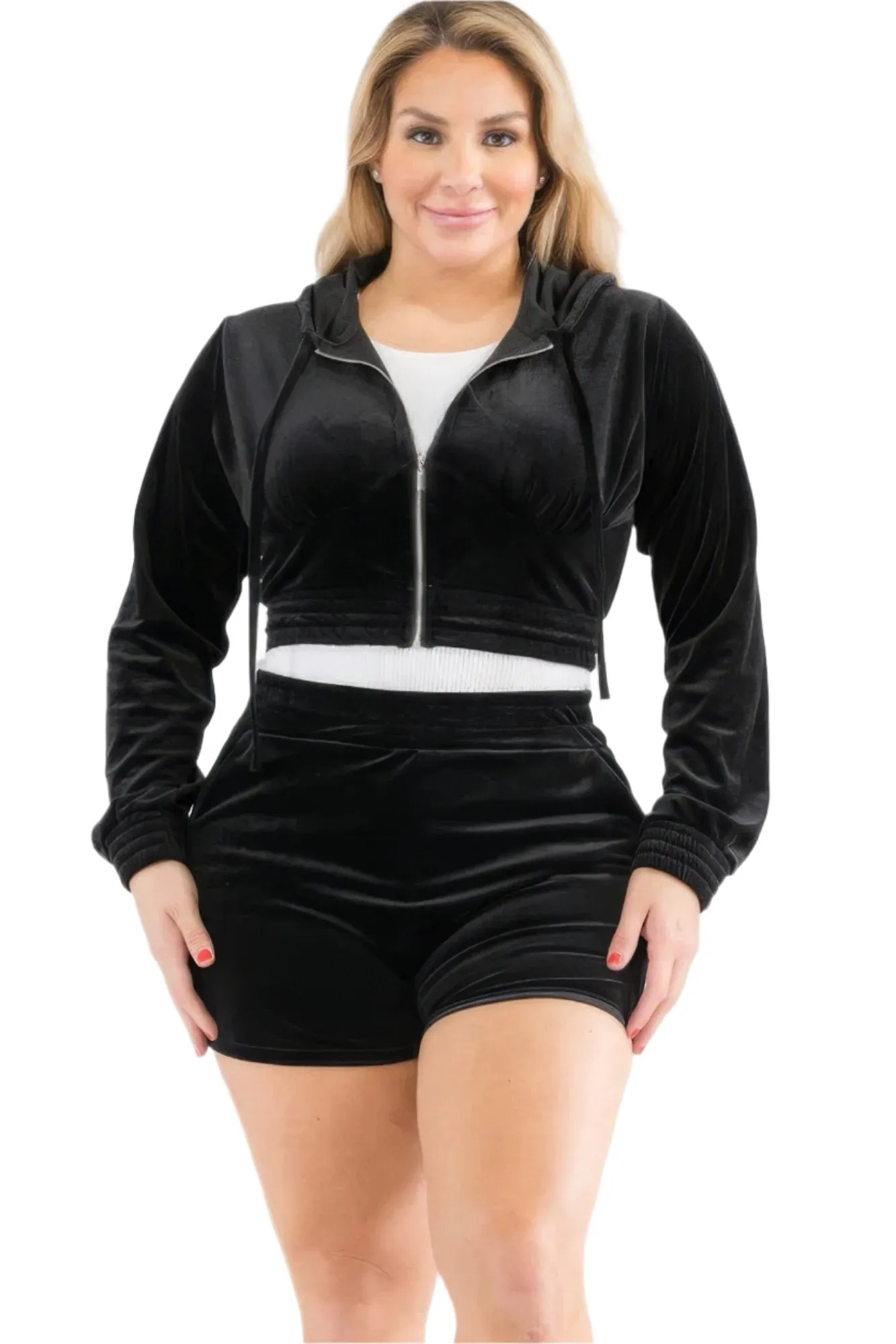 Plus Size Velour Crop Zip Up Hoodie And Shorts Set