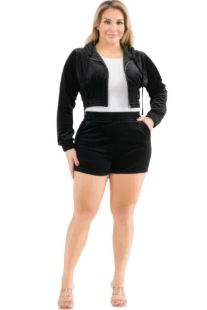 Plus Size Velour Crop Zip Up Hoodie And Shorts Set