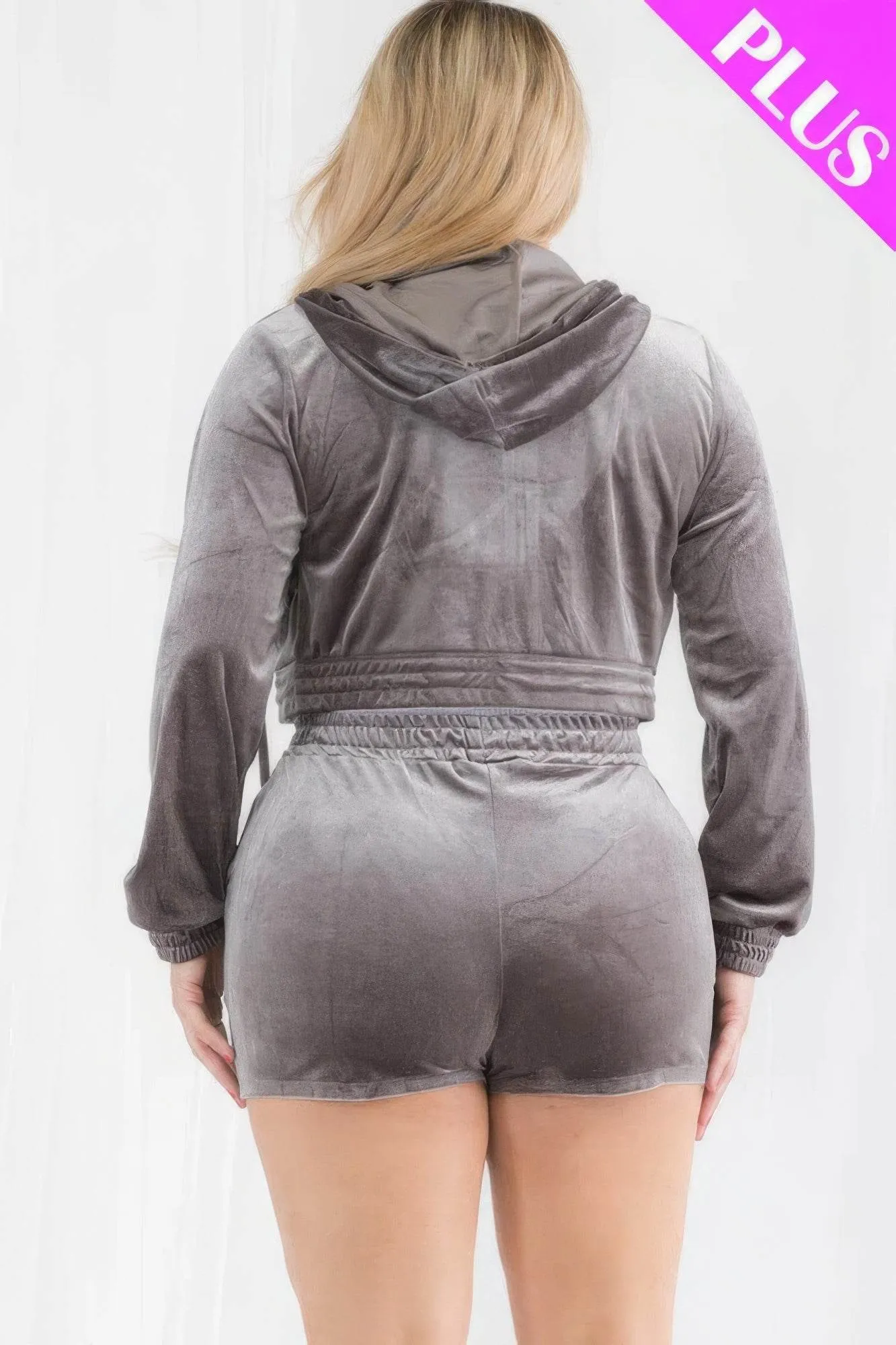 Plus Size Velour Crop Zip Up Hoodie and Shorts Set