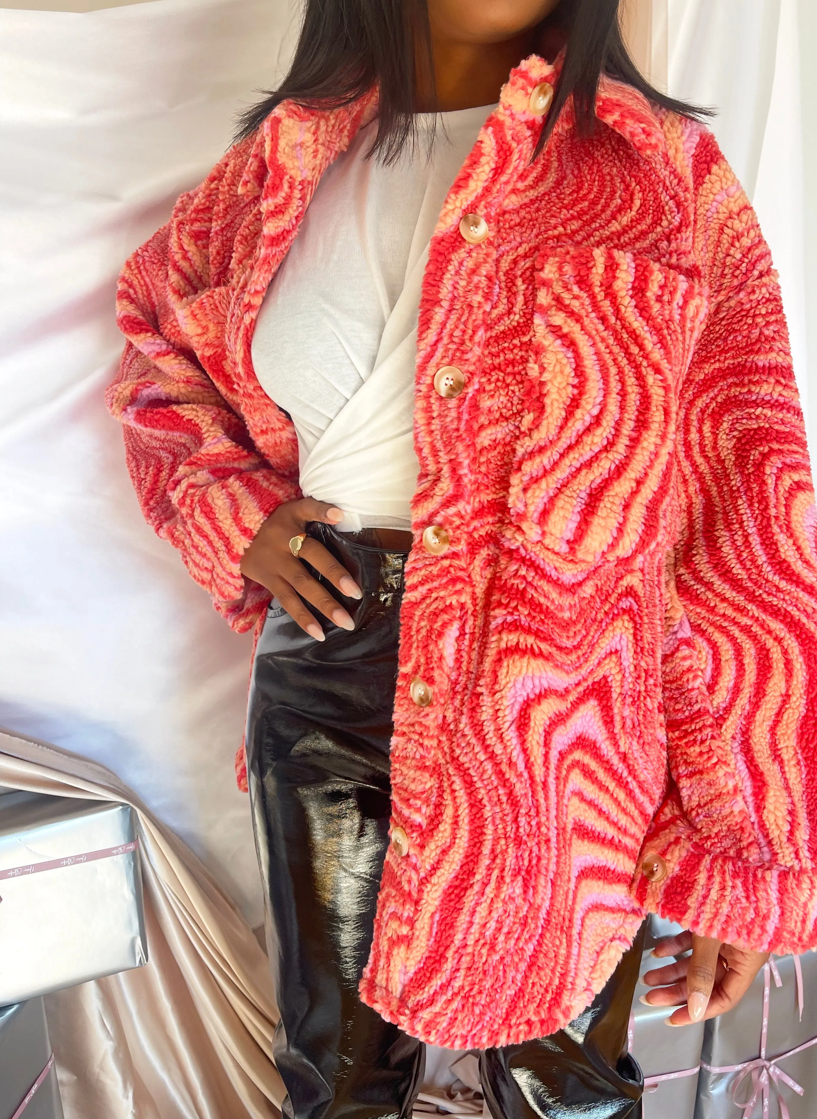 Red Faux Shearling Overshirt