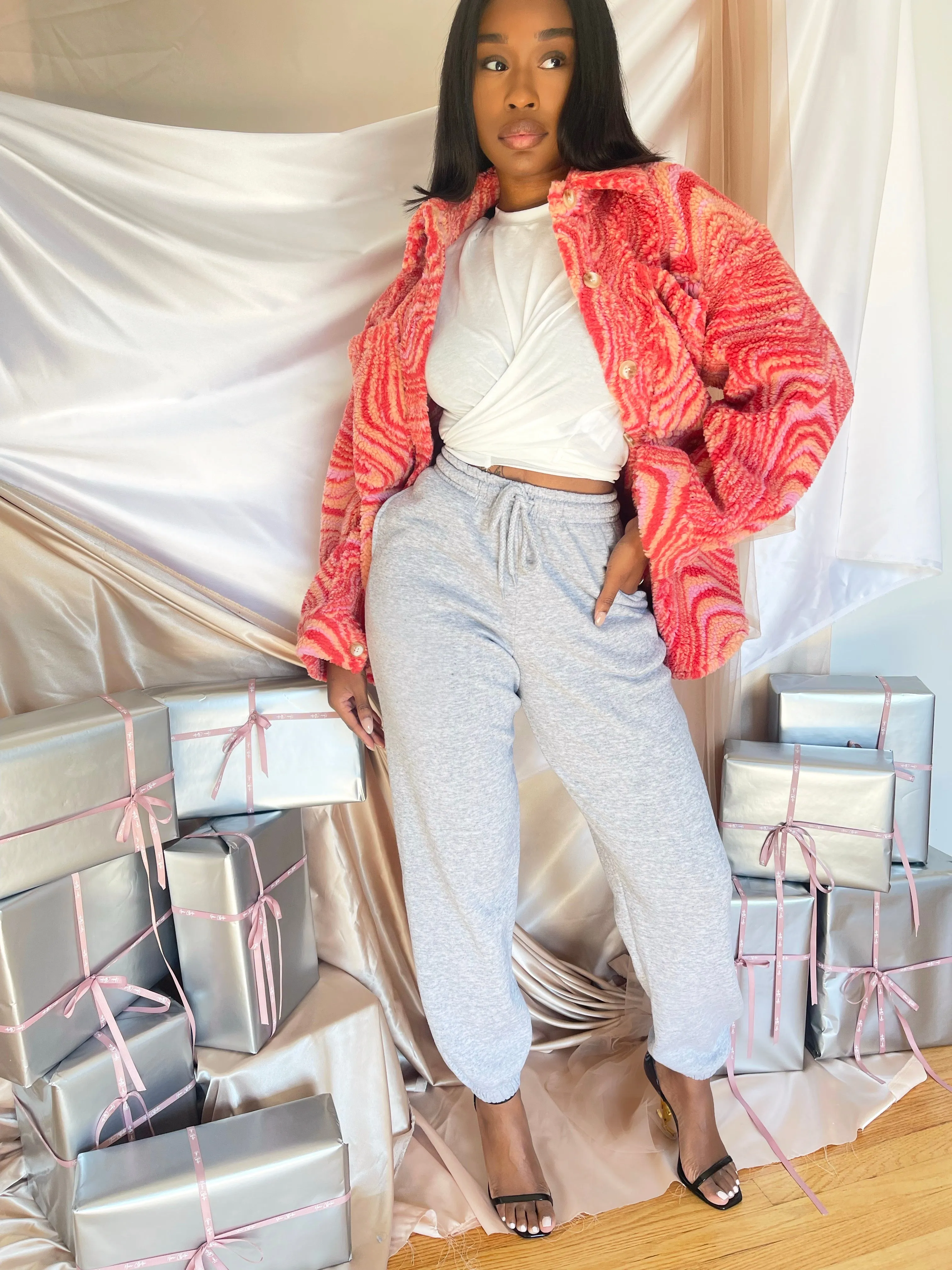Red Faux Shearling Overshirt