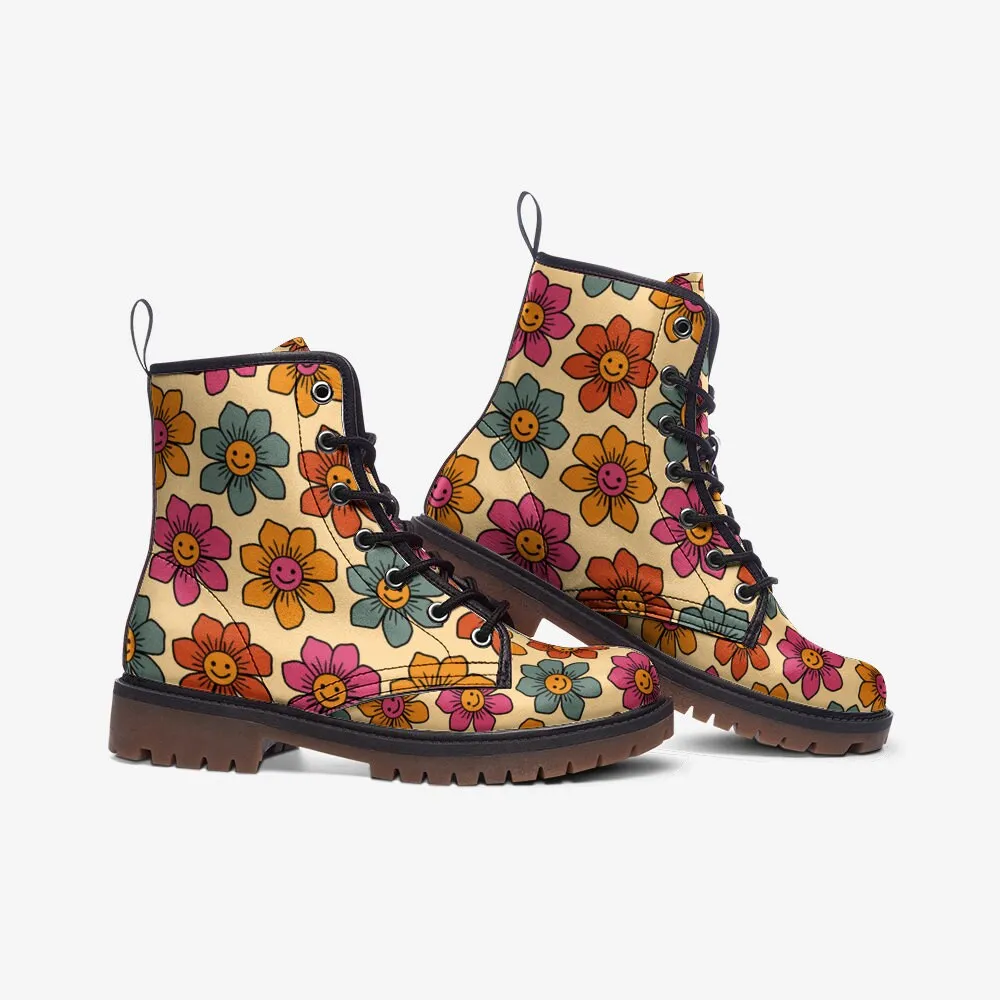 Retro Rainbow Flowers Festival Vegan Leather Unisex Boots