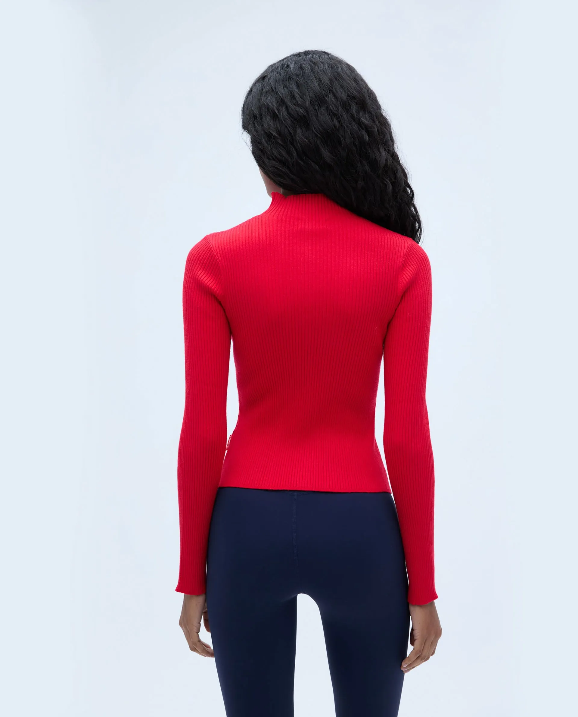 Rib Knit Zip Up Sweatshirt - Red