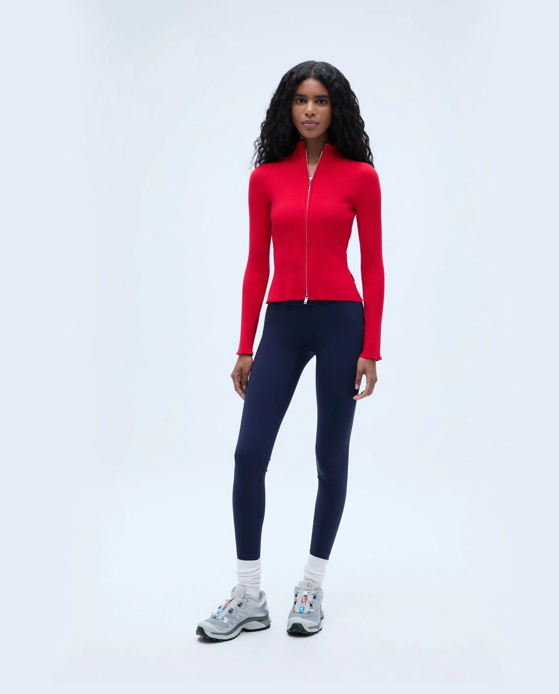 Rib Knit Zip Up Sweatshirt - Red