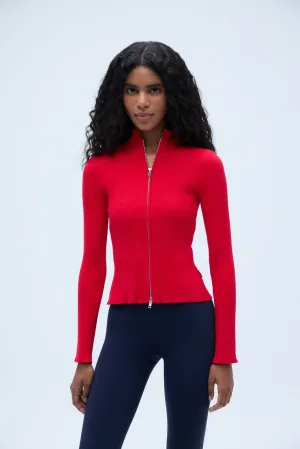 Rib Knit Zip Up Sweatshirt - Red