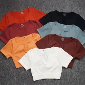 Ribbed Seamless Yoga Shirt for Women - Short Sleeve Crop Top