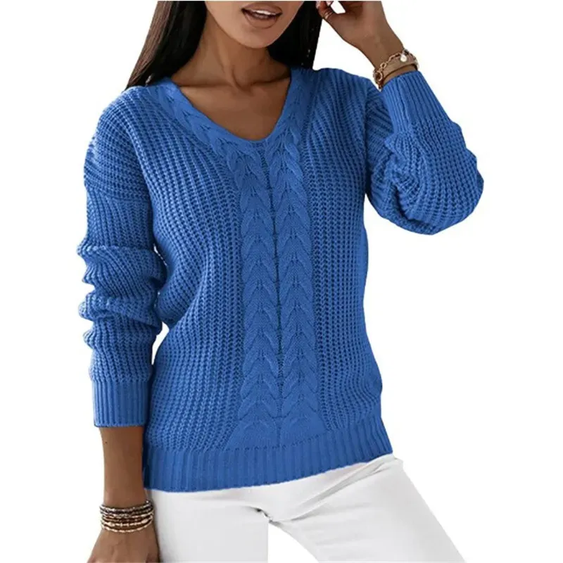 Rise V-Neck Cable Knit Long Sleeve Sweater