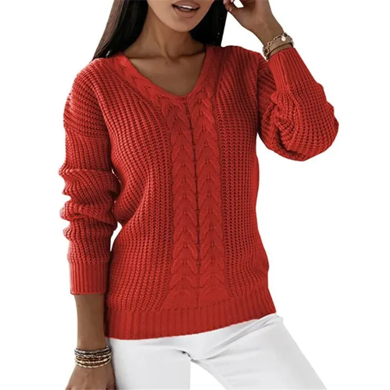 Rise V-Neck Cable Knit Long Sleeve Sweater