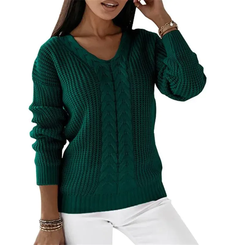 Rise V-Neck Cable Knit Long Sleeve Sweater