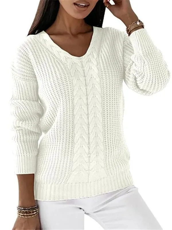 Rise V-Neck Cable Knit Long Sleeve Sweater