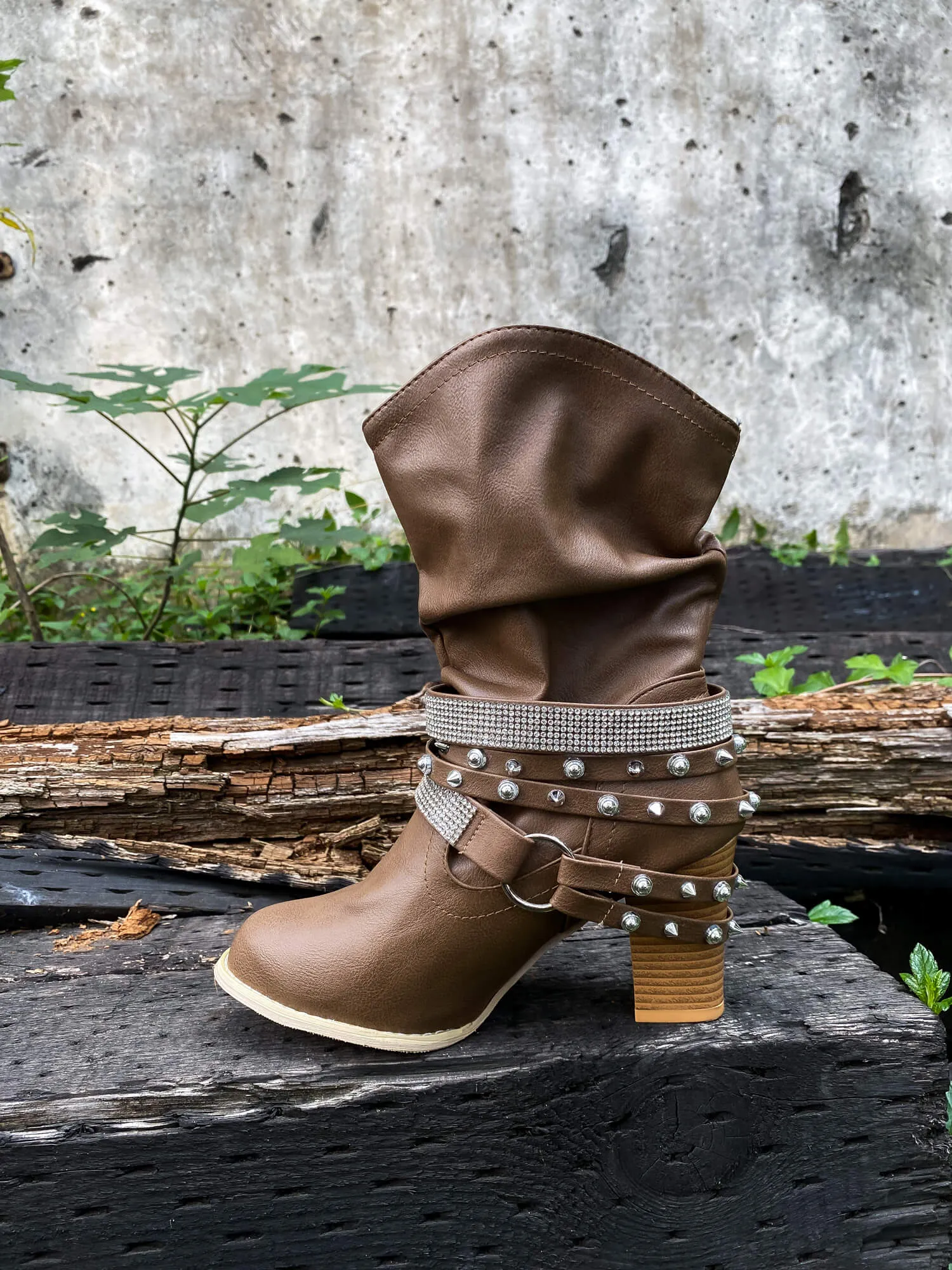 Rivet Strap-Wrapped Moto Boots - Brown