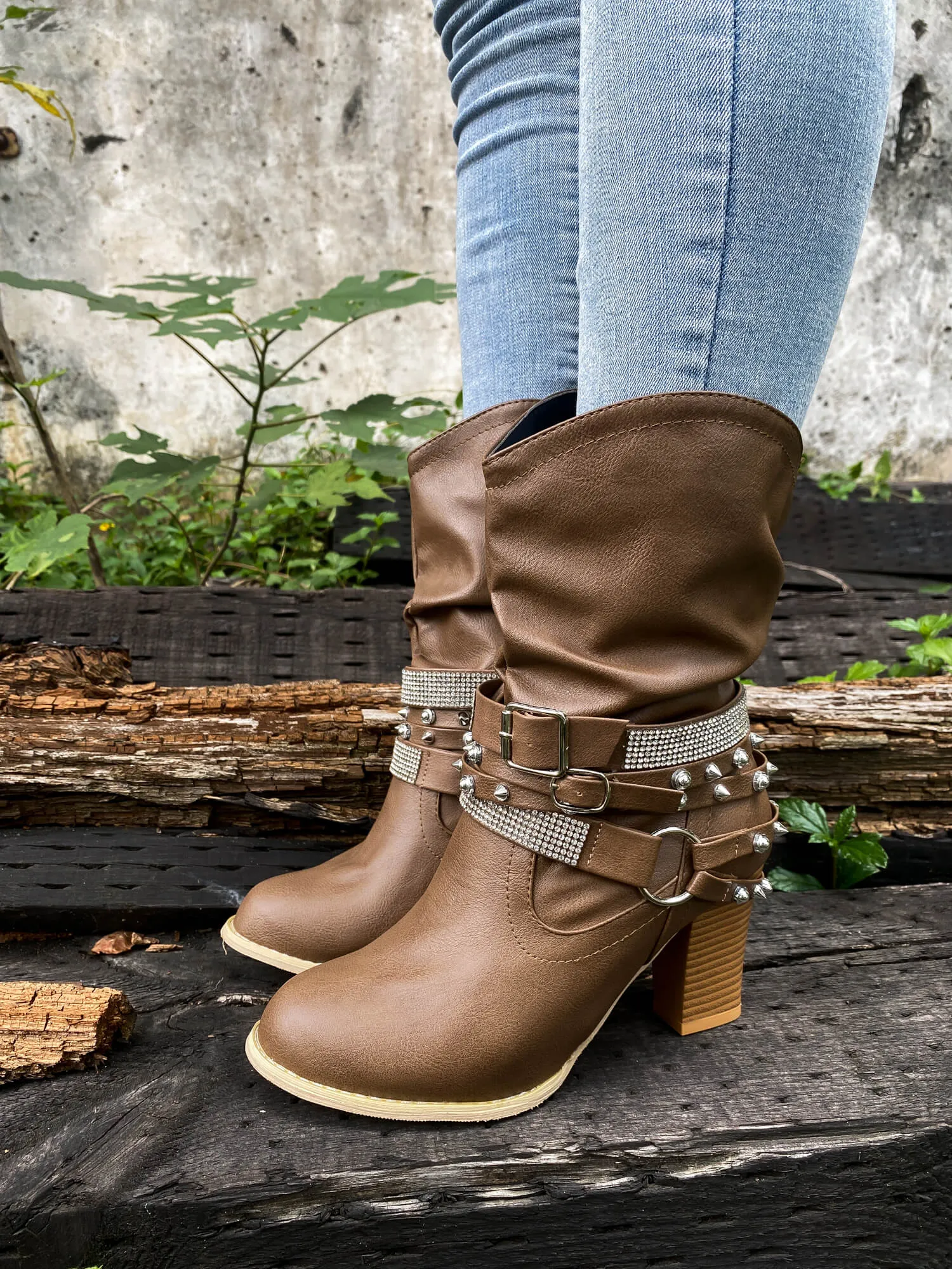 Rivet Strap-Wrapped Moto Boots - Brown