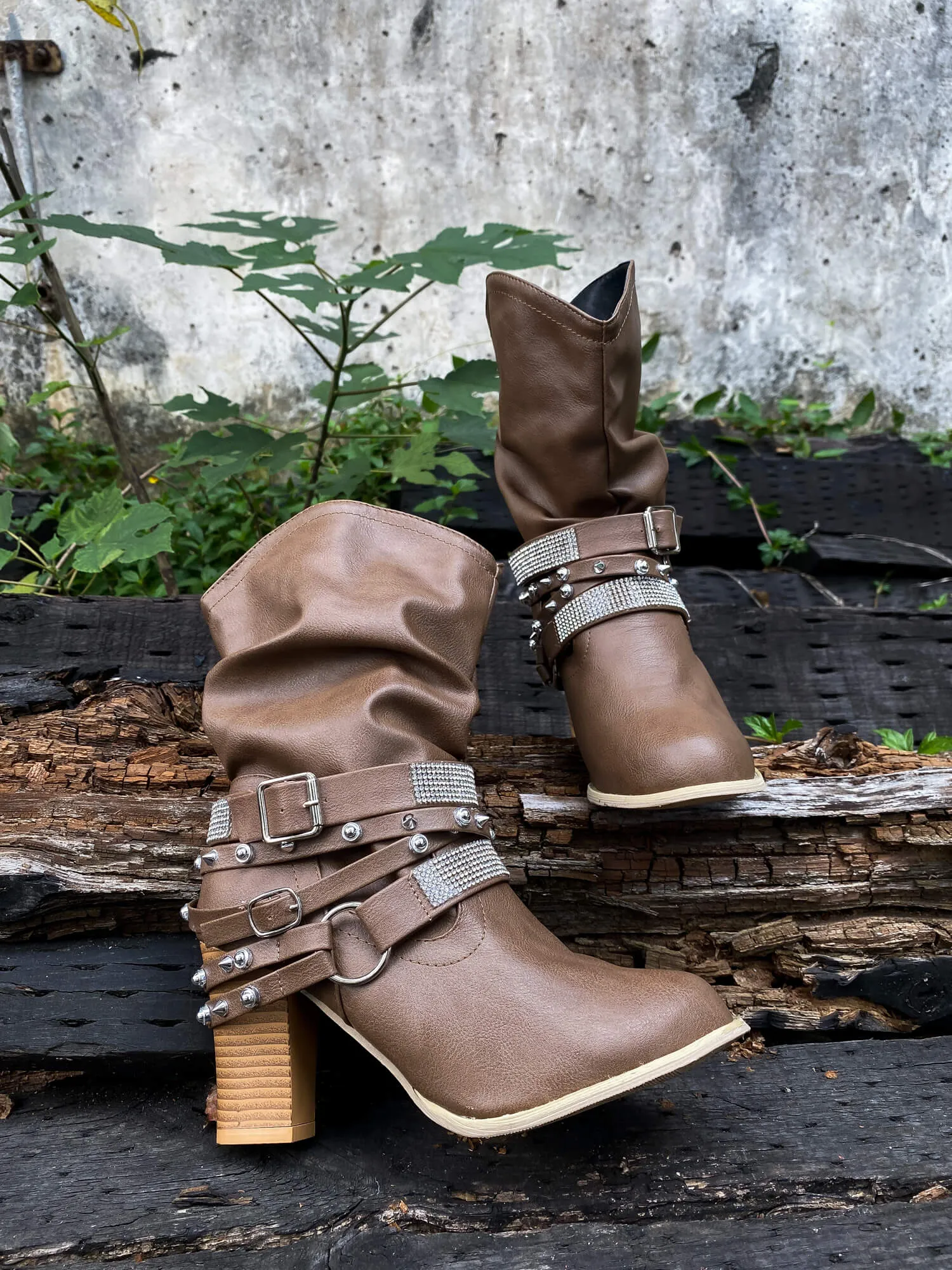 Rivet Strap-Wrapped Moto Boots - Brown