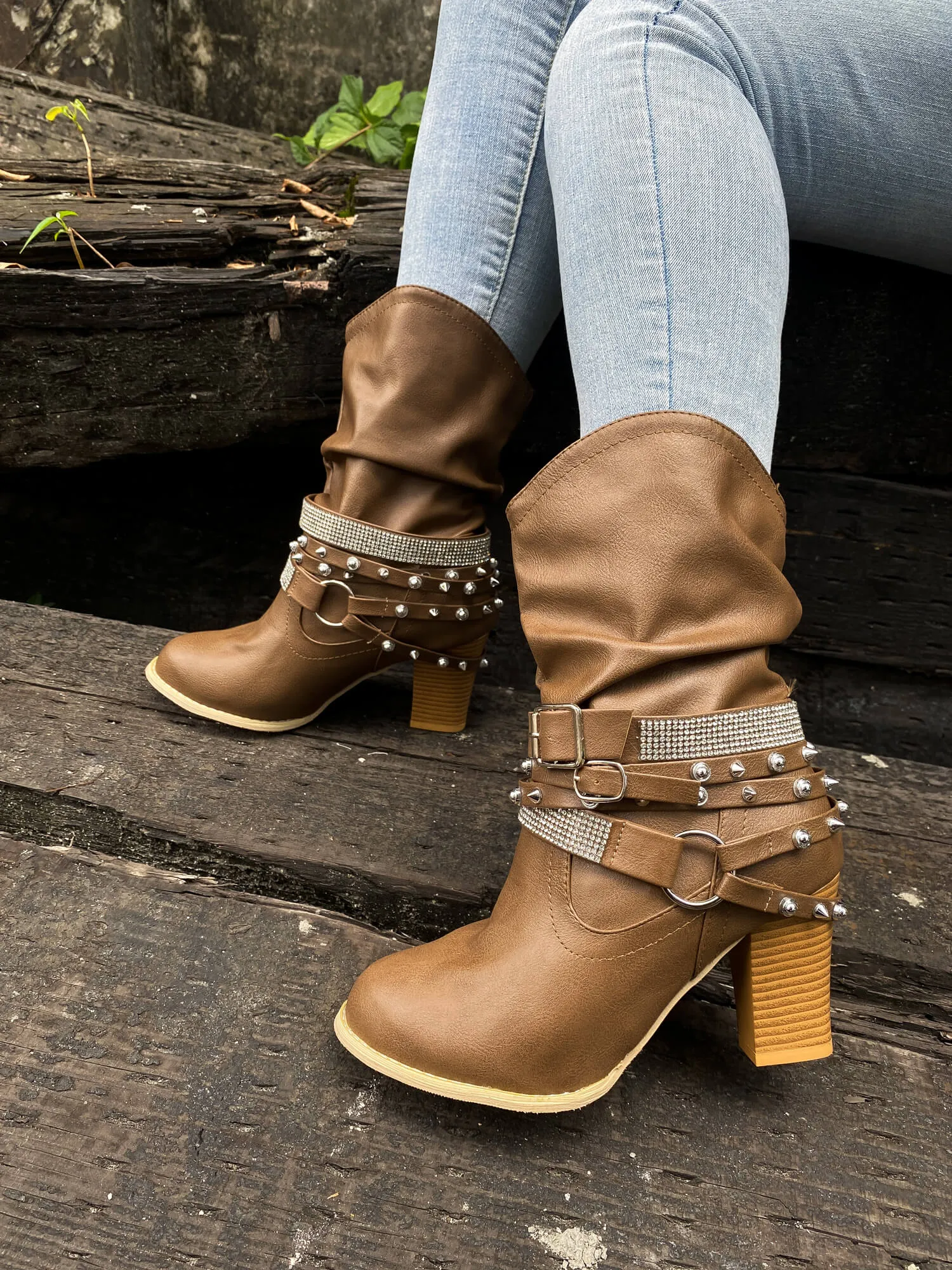 Rivet Strap-Wrapped Moto Boots - Brown
