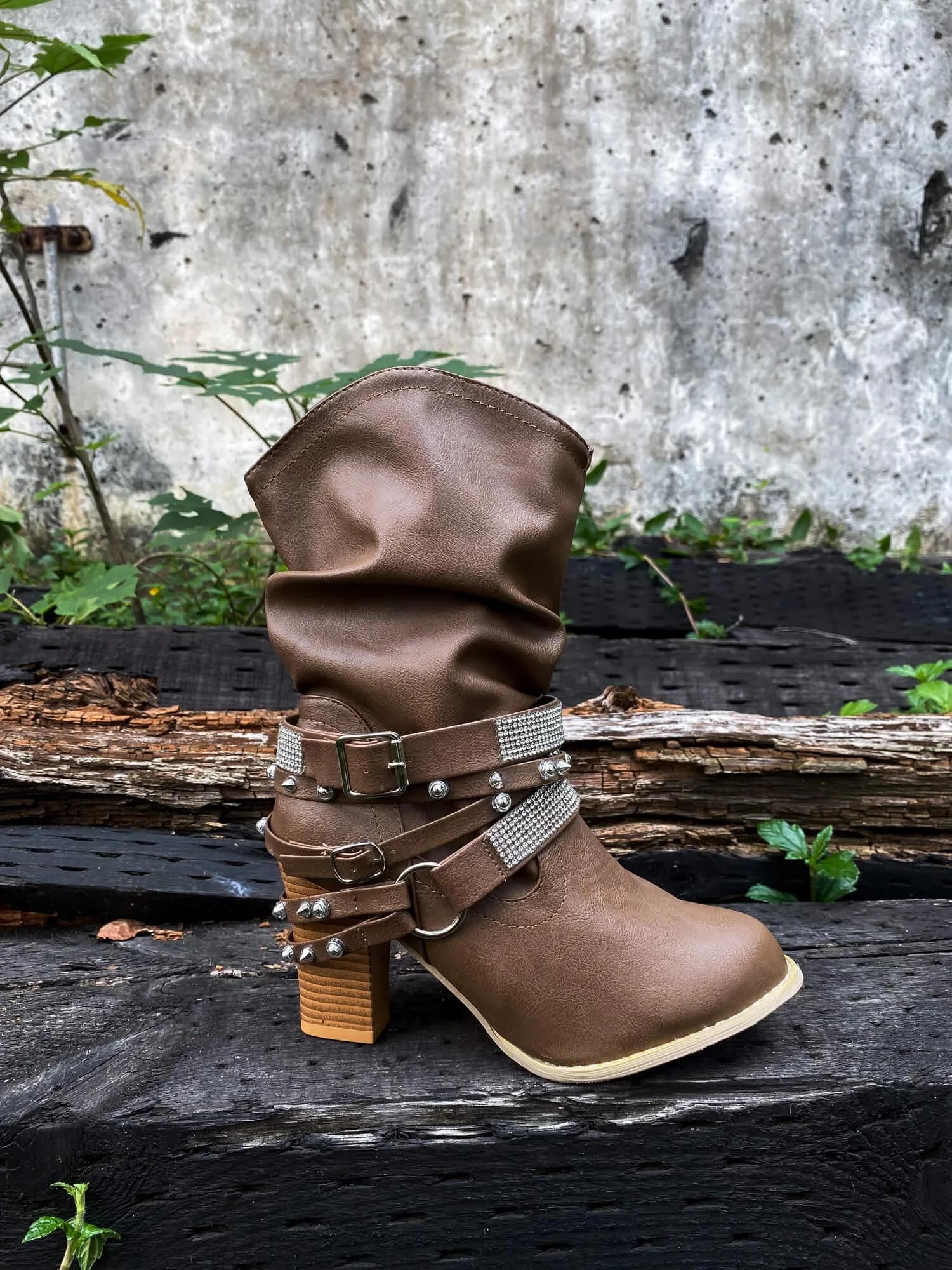 Rivet Strap-Wrapped Moto Boots - Brown