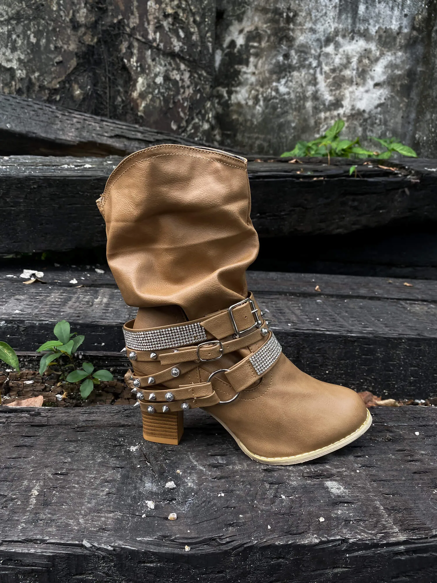 Rivet Strap-Wrapped Moto Boots - Tan