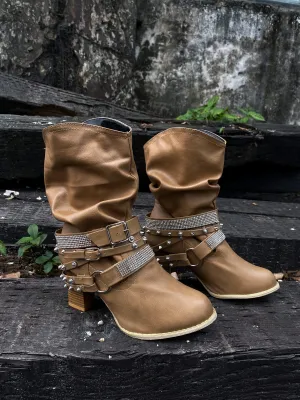 Rivet Strap-Wrapped Moto Boots - Tan