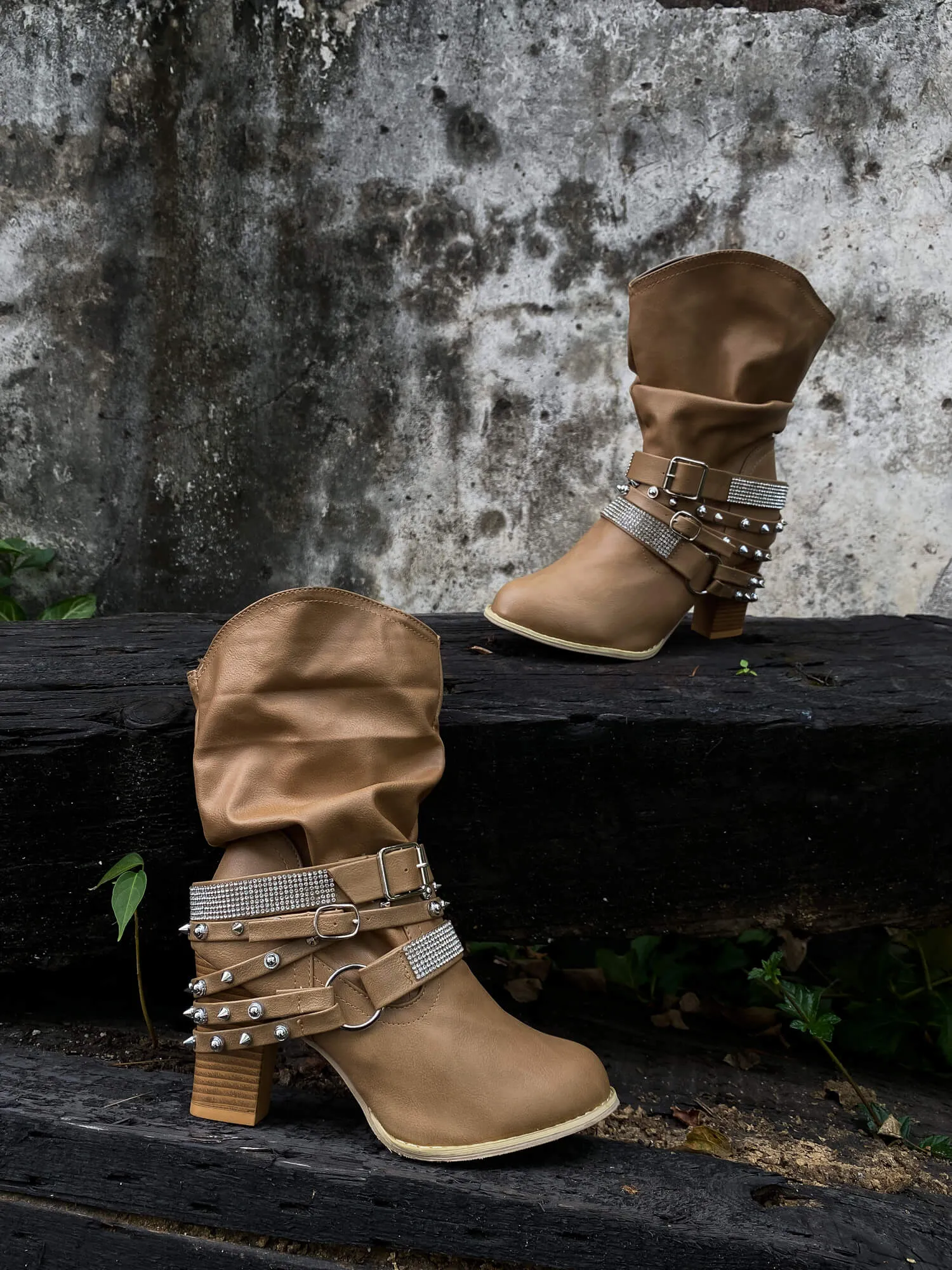 Rivet Strap-Wrapped Moto Boots - Tan