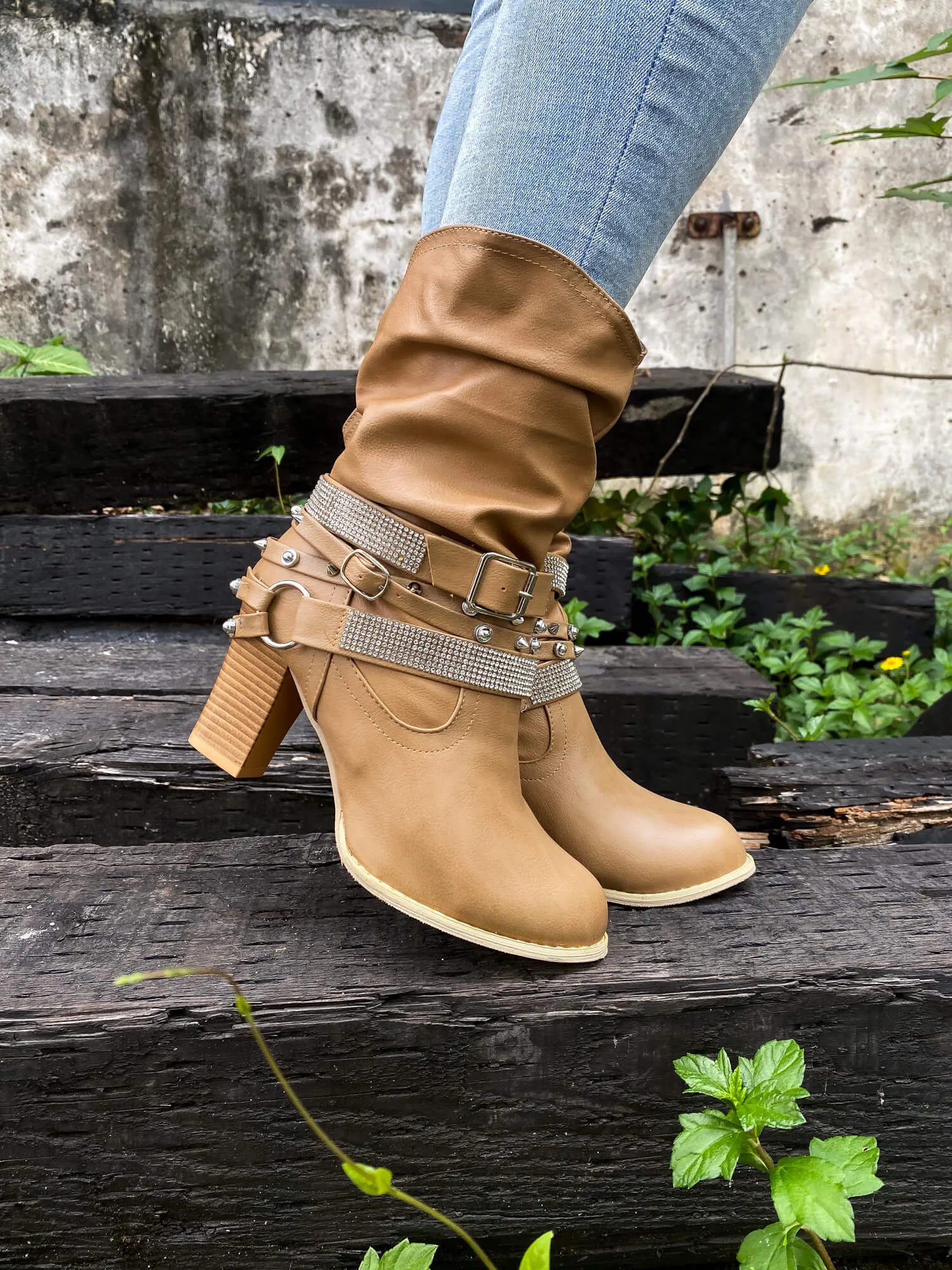 Rivet Strap-Wrapped Moto Boots - Tan