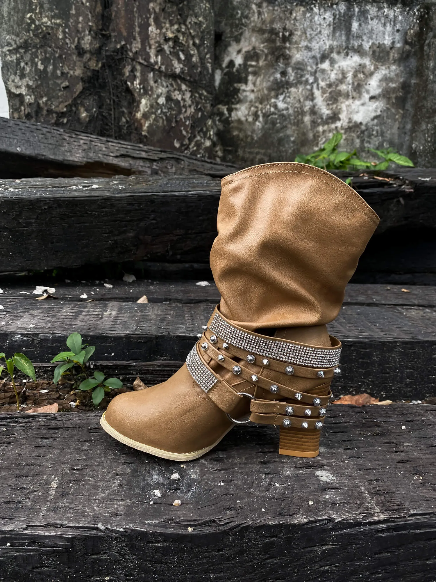 Rivet Strap-Wrapped Moto Boots - Tan