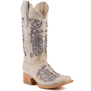 Rockin Leather Iser White Square Toe Western W/ Silver Inlays