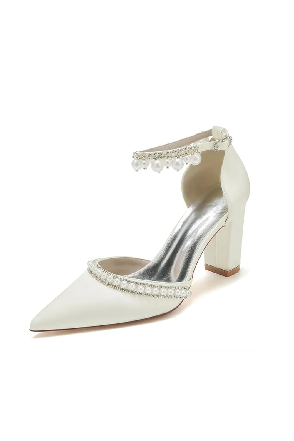 Roycebridal Women's Wedding Shoes Satin Block Heel Pearl Rhinestone Tassel Wedding Shoes