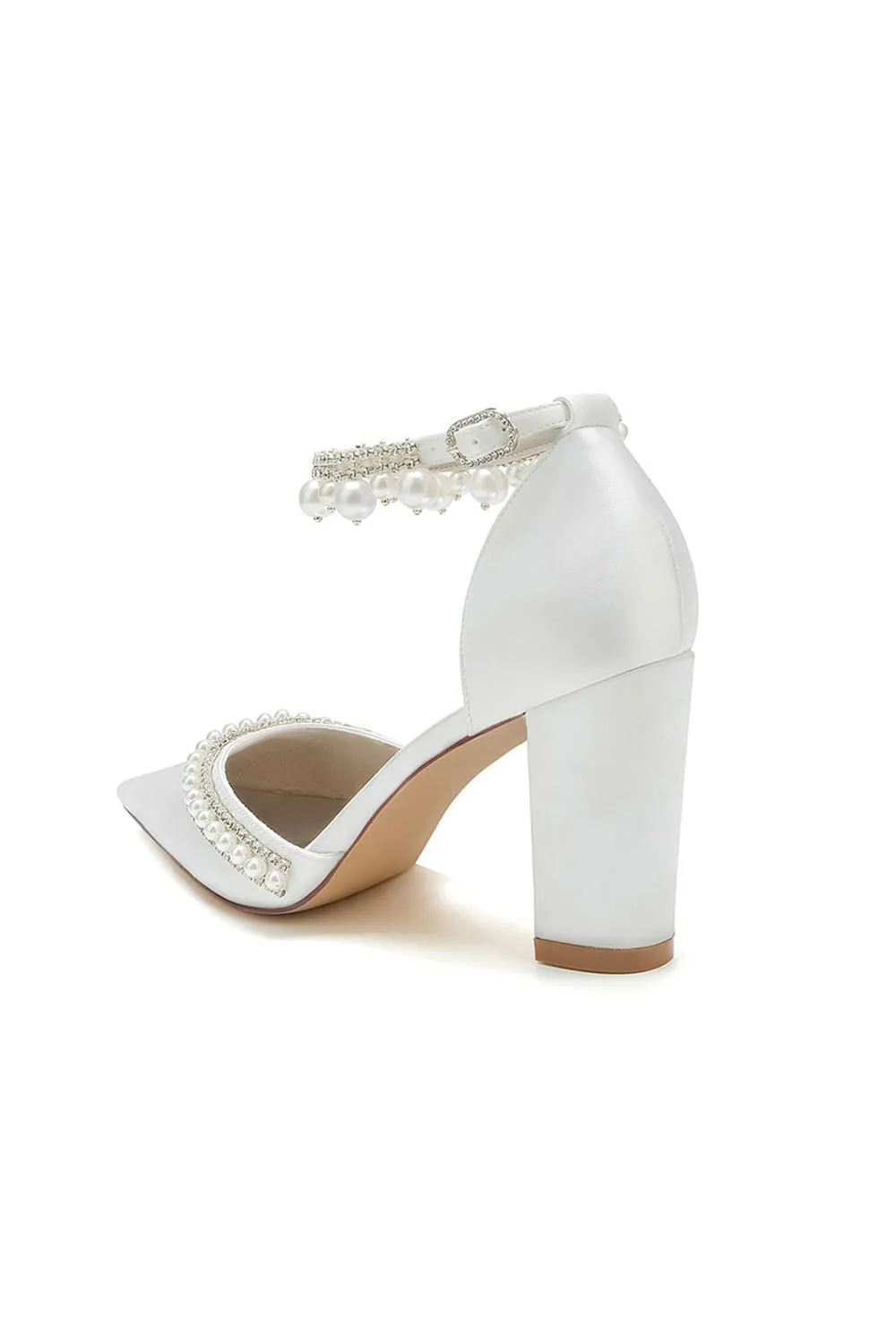 Roycebridal Women's Wedding Shoes Satin Block Heel Pearl Rhinestone Tassel Wedding Shoes