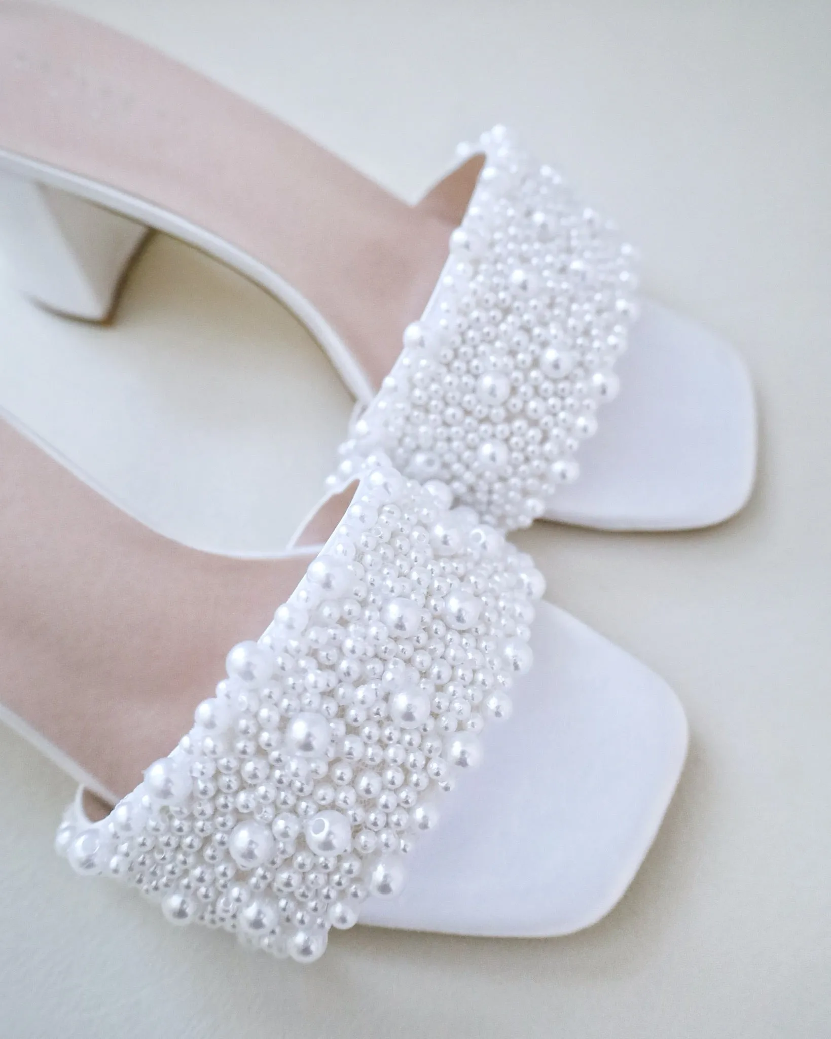 Satin Block Heels Slide Wedding Sandals with Perla Applique