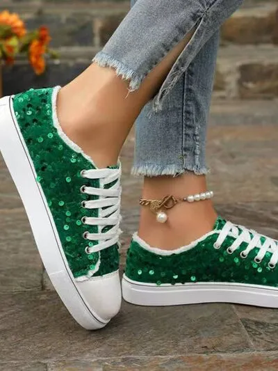 Sequin platte sneakers met ronde neus