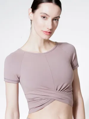 SHORT SLEEVE NUDE FRONT WRAP TEE, ASH MAUVE