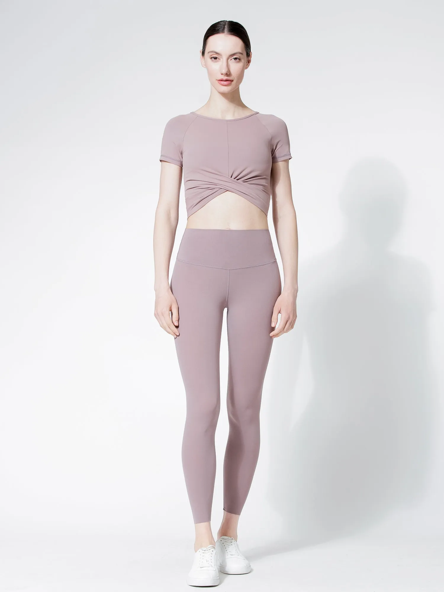 SHORT SLEEVE NUDE FRONT WRAP TEE, ASH MAUVE