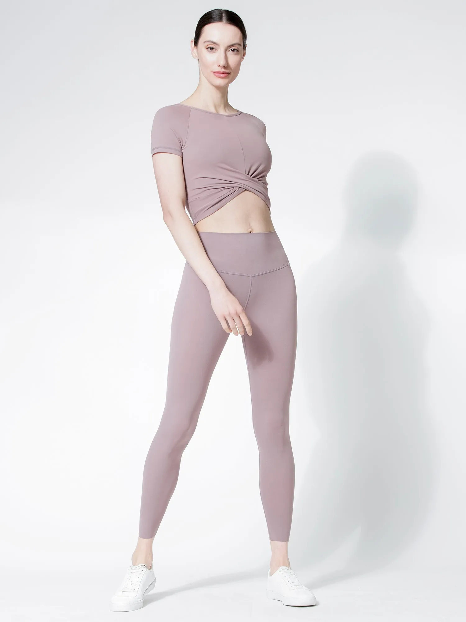 SHORT SLEEVE NUDE FRONT WRAP TEE, ASH MAUVE