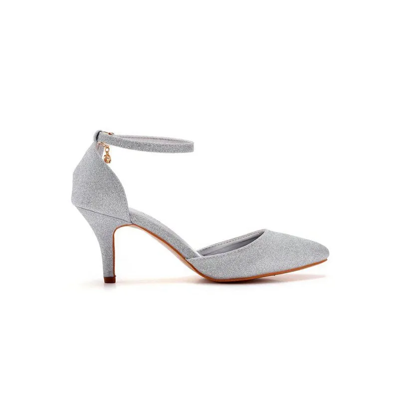 Simple Glitter Pointed Toe Stiletto Ankle-strap High Heels