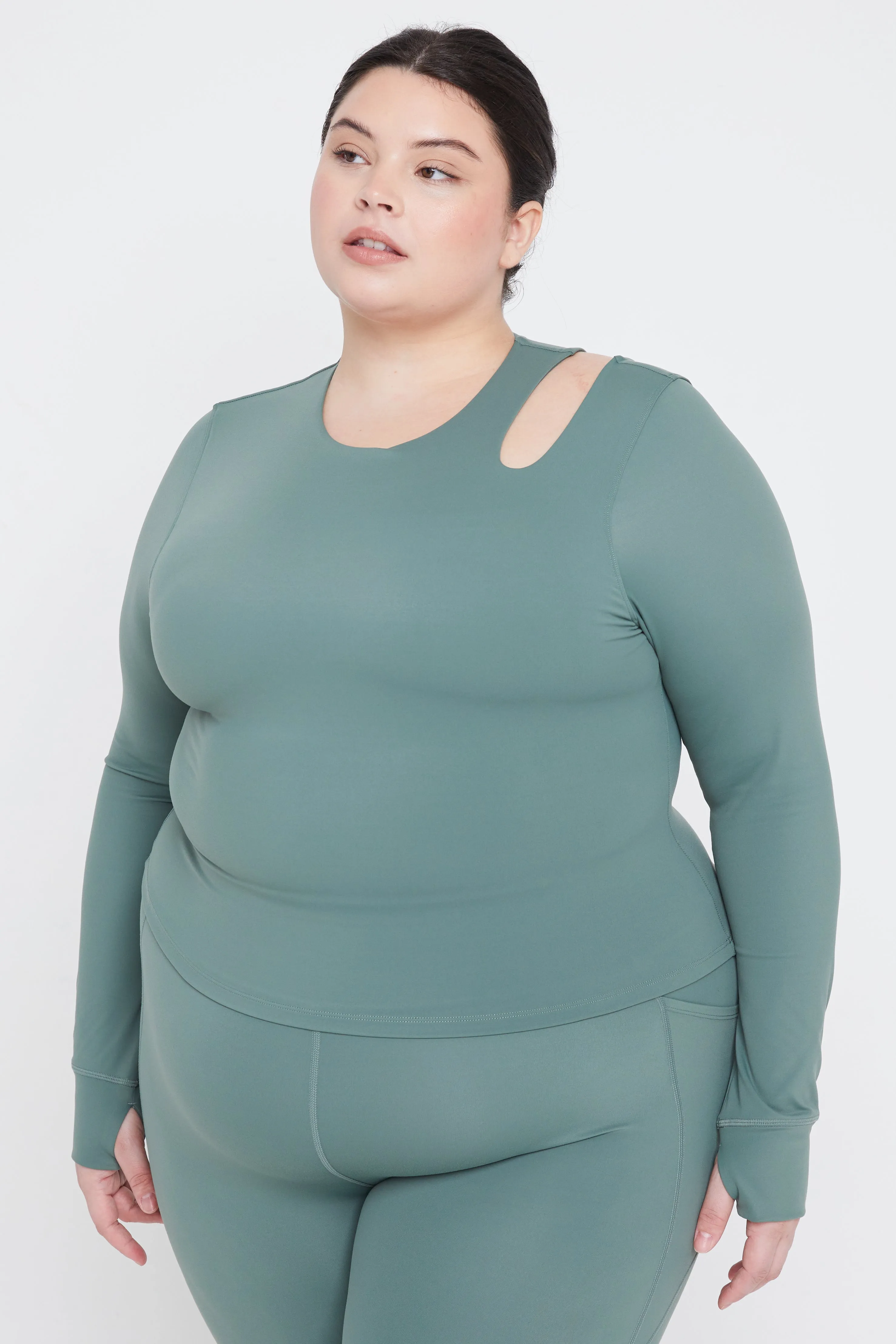 SKINLUXE CUT OUT SHOULDER LONG SLEEVE TOP - LEAF GREEN