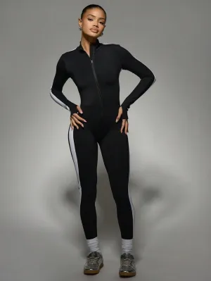 Sleek Long-Sleeve High-Neck Zip Jumpsuit – Sporty & Chic Style
