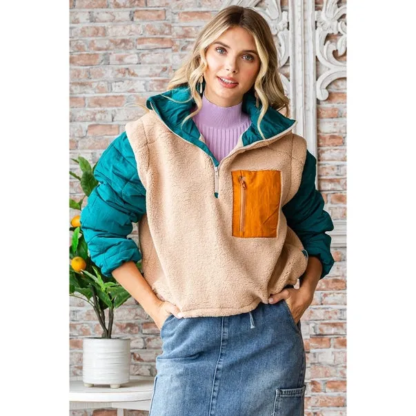 Soft Fleece Quilted Puffer Sleeve Pullover- Beige