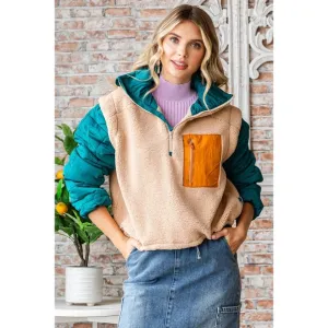 Soft Fleece Quilted Puffer Sleeve Pullover- Beige