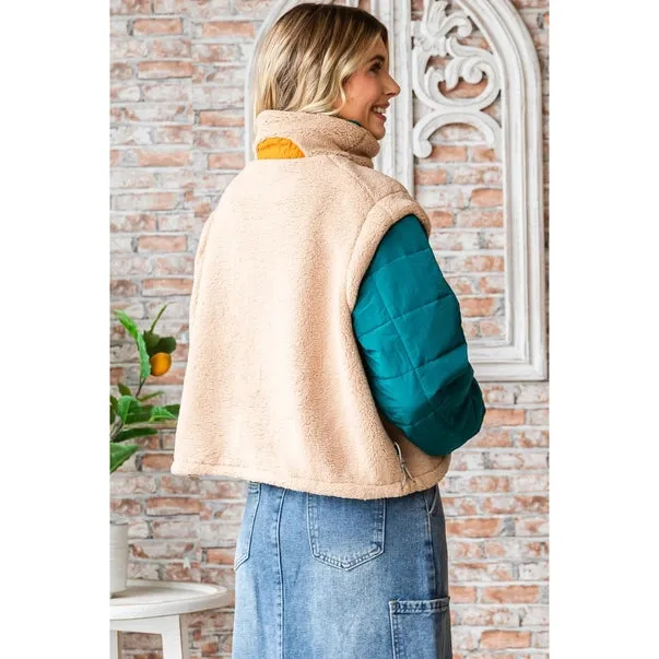 Soft Fleece Quilted Puffer Sleeve Pullover- Beige