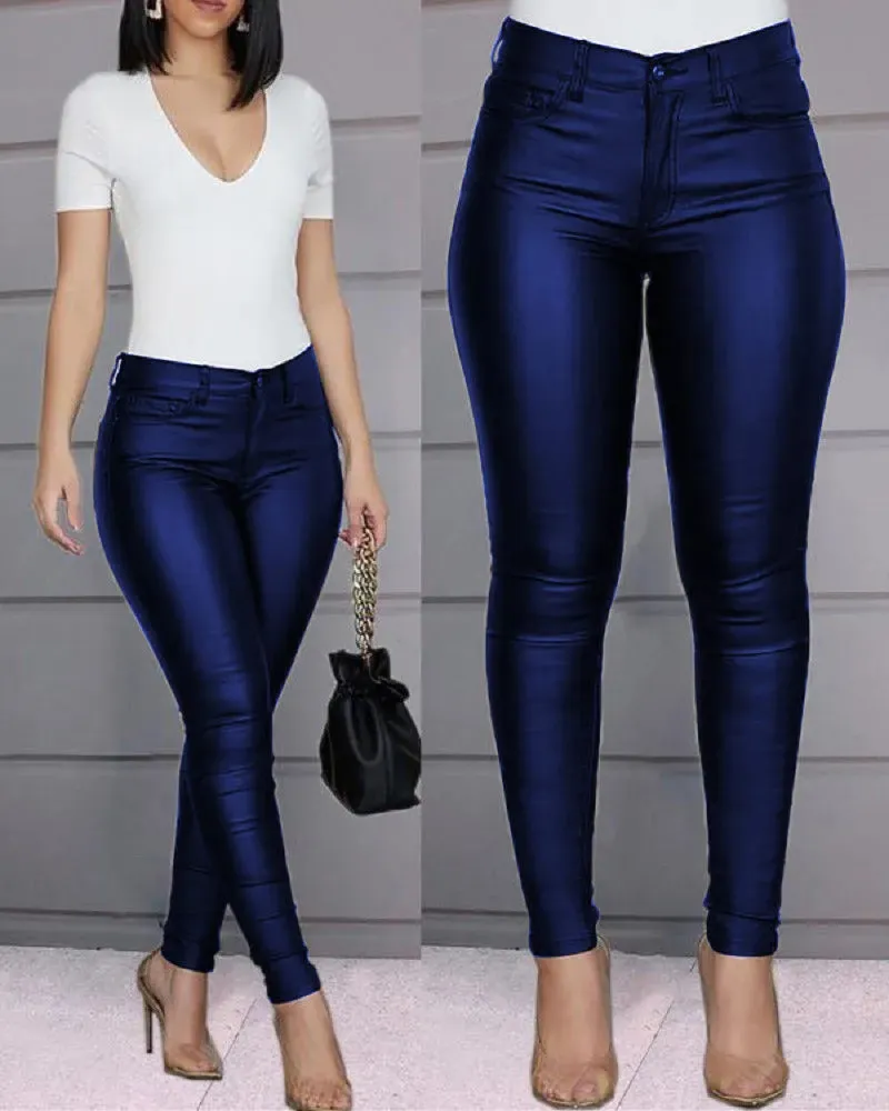 Solid Buttoned Casual Coated Skinny Pencil Pants