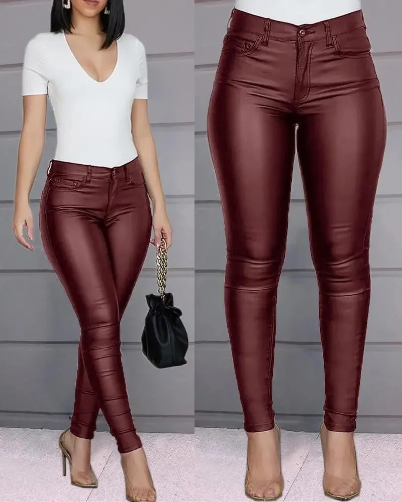 Solid Buttoned Casual Coated Skinny Pencil Pants