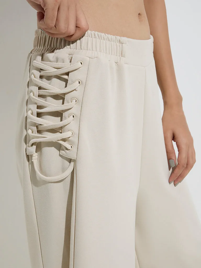Studiofit Cream Criss-Cross Detailed High-Rise Track Pants