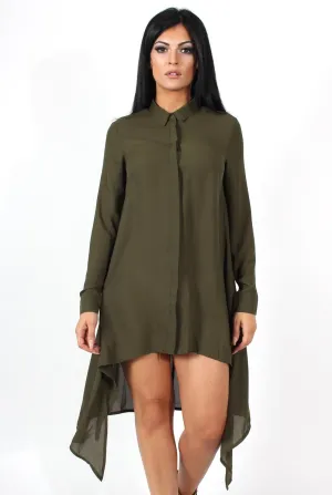Teri Khaki Dip Hem Shirt Dress