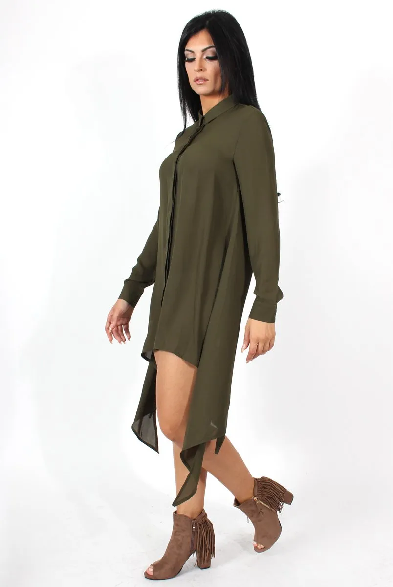 Teri Khaki Dip Hem Shirt Dress