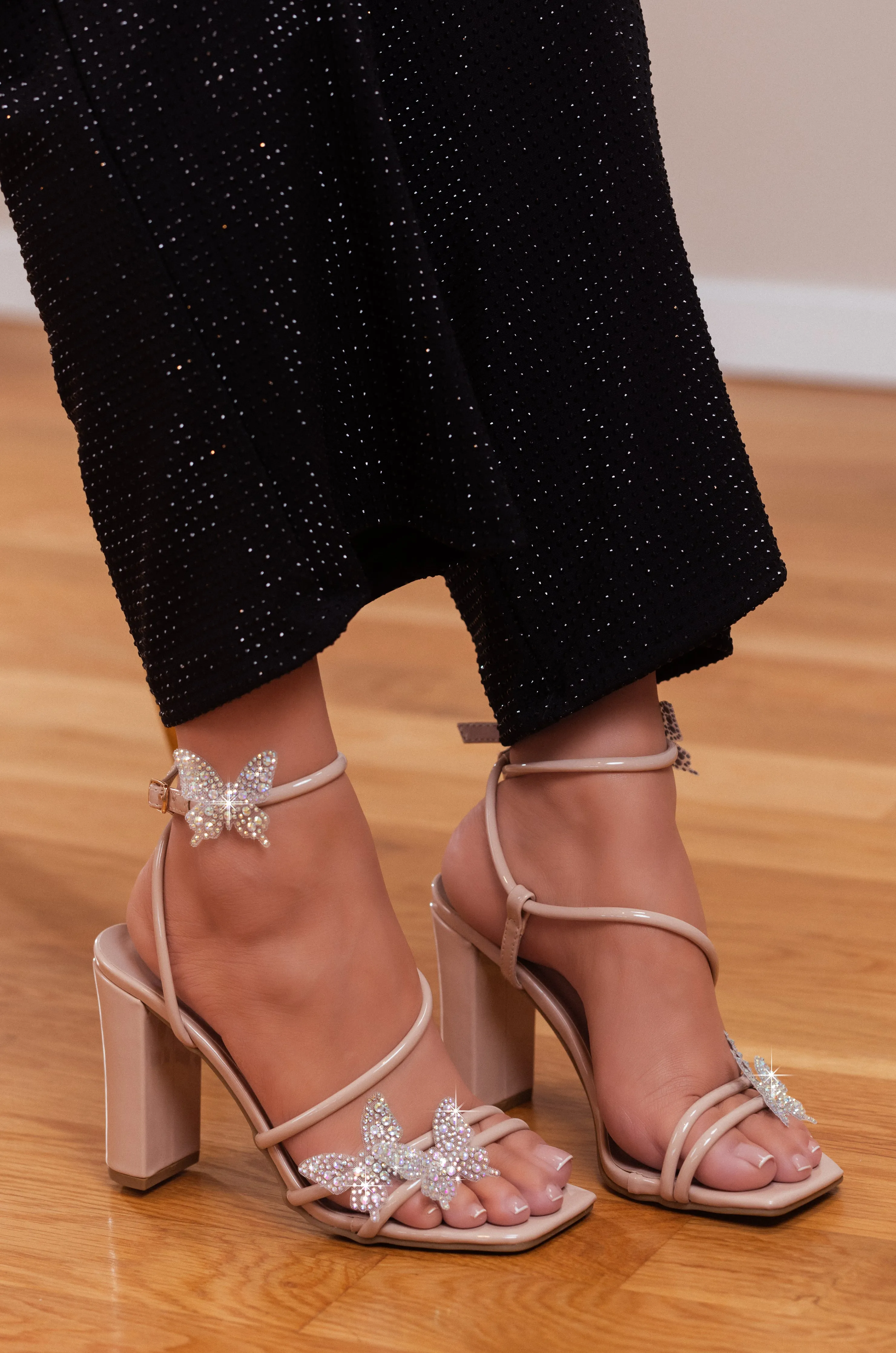Treasure - Embellished Elegant Open Toe Sandals Ankle Strap Heels Butterfly Rhinestone Detailing