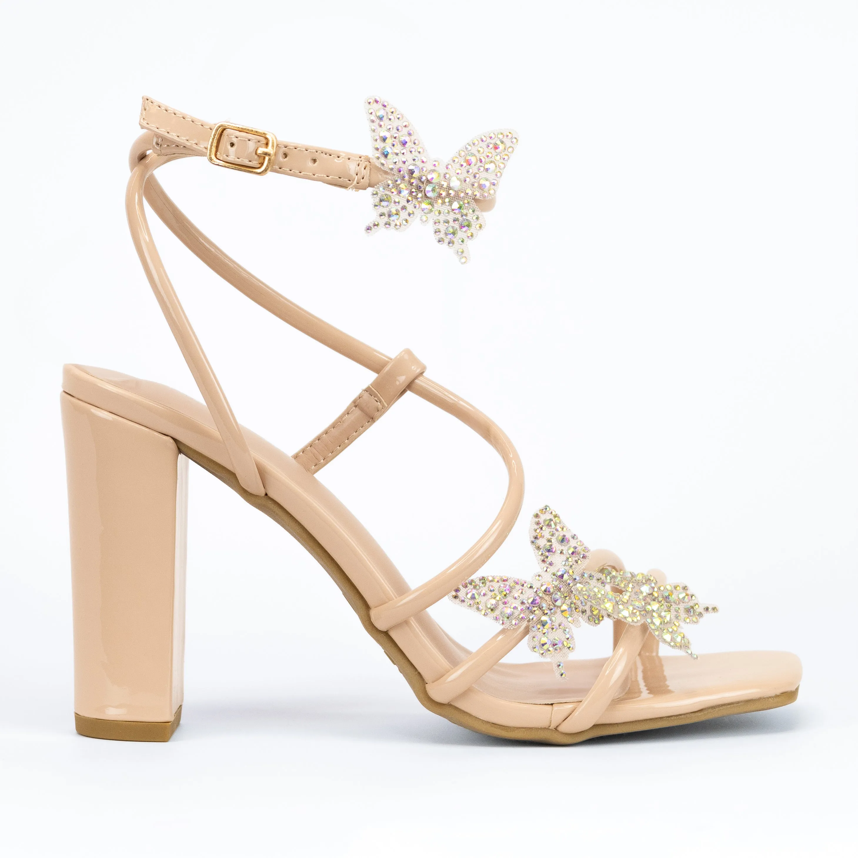 Treasure - Embellished Elegant Open Toe Sandals Ankle Strap Heels Butterfly Rhinestone Detailing