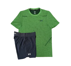 Under Armour Seamless Grid T-Shirt and Speedpocket 5 Inch Shorts Set - Green/Grey