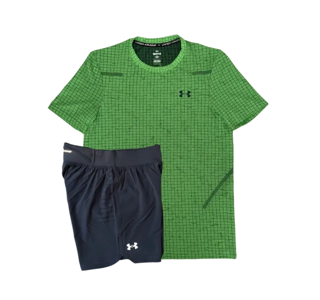 Under Armour Seamless Grid T-Shirt and Speedpocket 5 Inch Shorts Set - Green/Grey