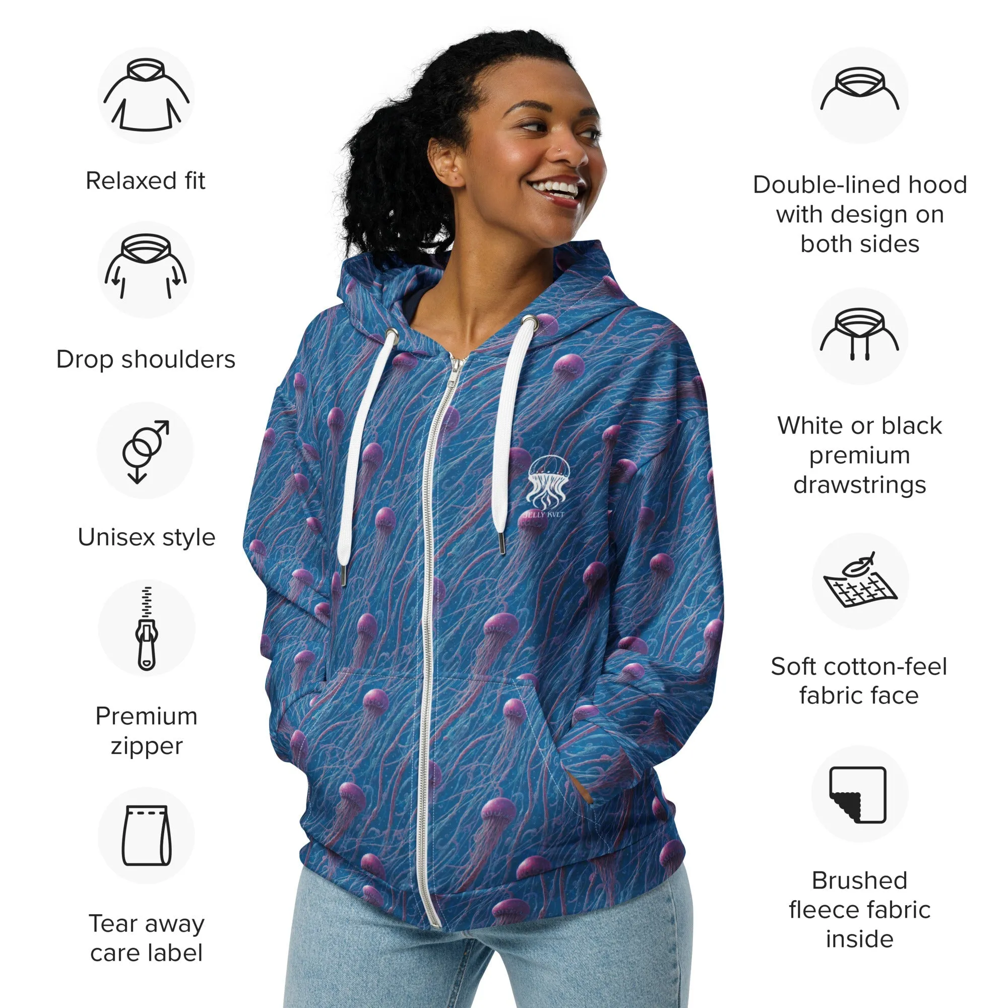 Unisex Comfort Zip Hoodie - Blue and Violet Jellyfishes